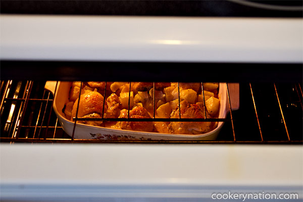 Place pan into preheated oven and cook for about 30 minutes. When the chicken reaches 165°F (74°C) and the potatoes are tender, turn on the broiler for 2-3 minutes to brown and crisp the chicken skin. I like to keep the door open a bit so I can keep an eye on it. Don't let it burn.