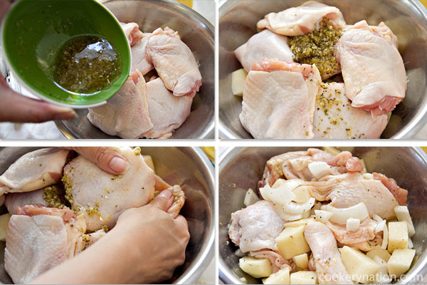 Add oil mixture to the chicken mixture. Mix this up with your hands so that all the bits get coated. Since your hands touched raw chicken, wash and sanitise your hands. Spread this mixture into a greased oven proof pan. Season with salt and pepper.