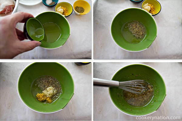 Combine the oil, salt, pepper, oregano, garlic, and lemon zest into a small bowl and stir.